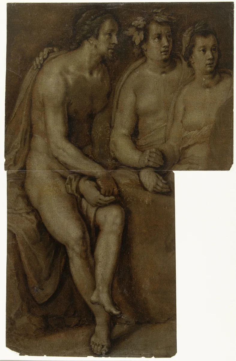 Studies van een zittende naakte man en twee vrouwen, ten halven lijve by Cornelis Cornelisz. van Haarlem, drawing, 1620-1625