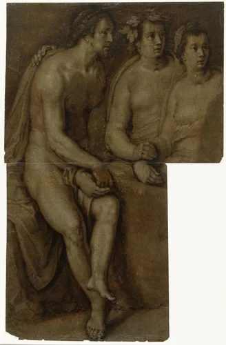 Studies van een zittende naakte man en twee vrouwen, ten halven lijve by Cornelis Cornelisz. van Haarlem, drawing, 1620-1625
