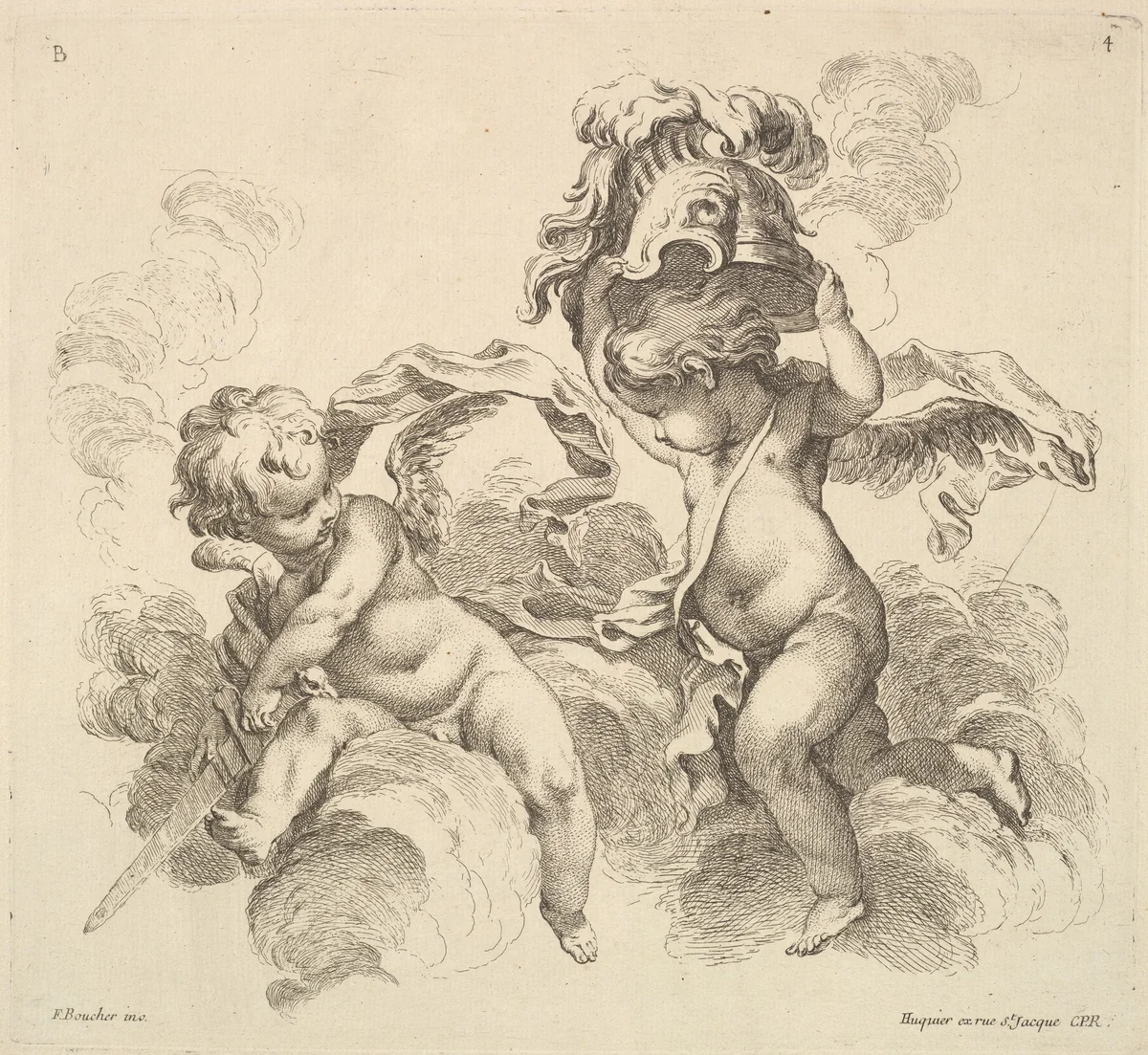 Two Children, One With A Sword, Another With A Helmet by Gabriel Huquier, print, 1710-1772