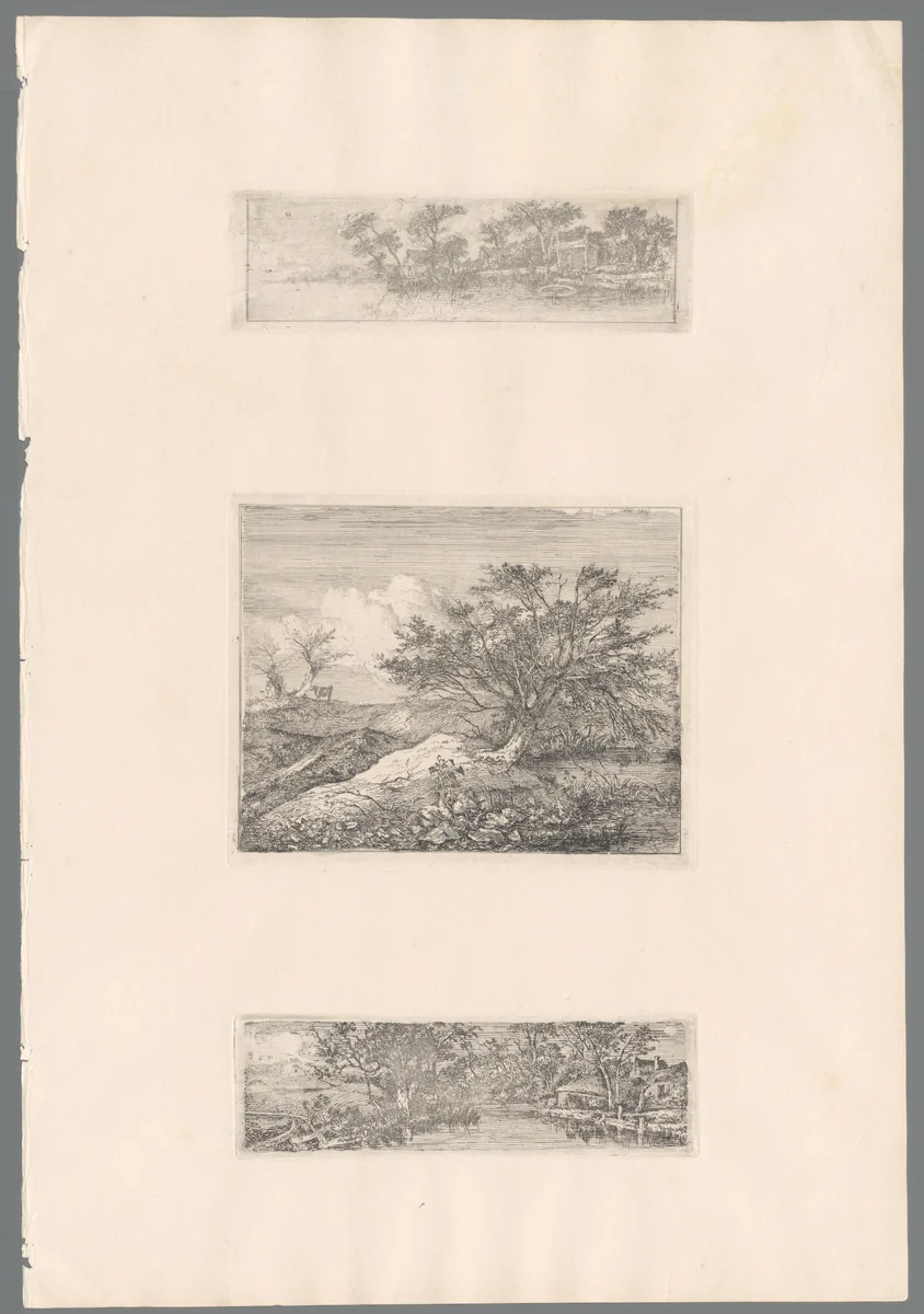 Poel tussen een open veld links en boerderijen rechts by John Crome, print, 1834