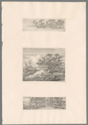 Poel tussen een open veld links en boerderijen rechts by John Crome, print, 1834