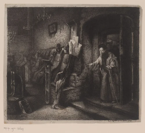 Interieur van een synagoge met gelovigen by Léopold Flameng, print, 1841-1874