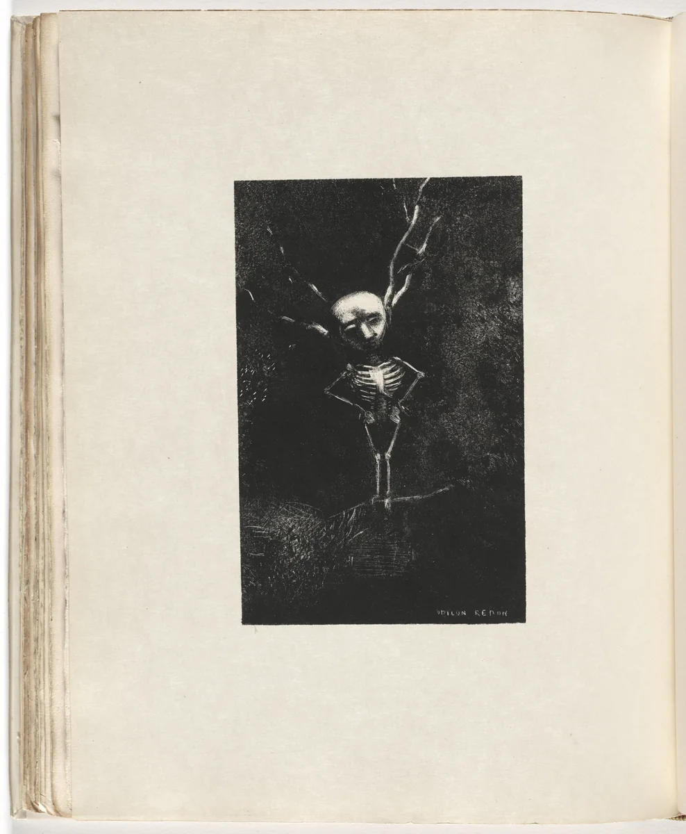 At the Entrance to the Promenades, Where the Trees Intertwine in a Bony Maze of Branches, Smooth and Gaunt, the Specter Is Outlined (A l'entrée des allées, où les arbres entrelacent le dédale ostéologique des branches, glabre et décharné, se dessine le spectre) (plate) from Le Juré by Odilon Redon, illustrated book, 1887