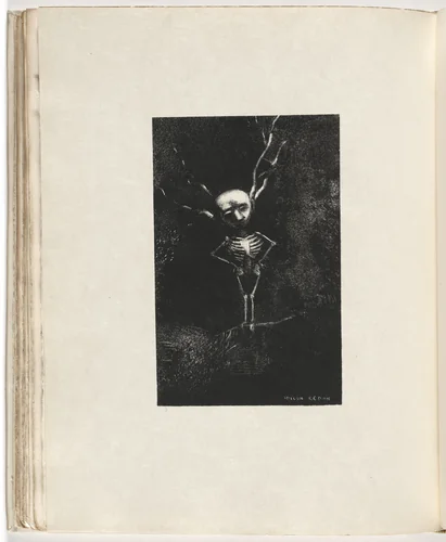 At the Entrance to the Promenades, Where the Trees Intertwine in a Bony Maze of Branches, Smooth and Gaunt, the Specter Is Outlined (A l'entrée des allées, où les arbres entrelacent le dédale ostéologique des branches, glabre et décharné, se dessine le spectre) (plate) from Le Juré by Odilon Redon, illustrated book, 1887