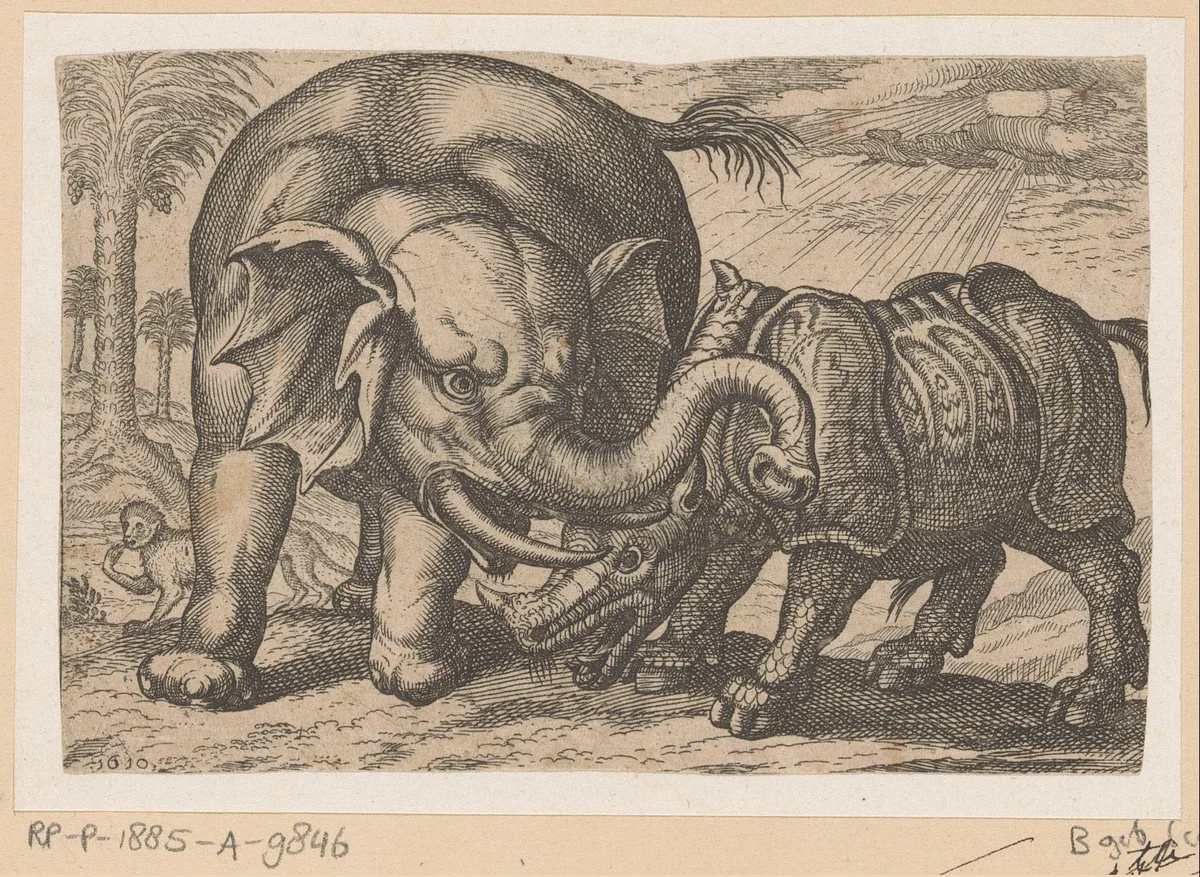 Een neushoorn vecht met een olifant by anonymous, print, 1610