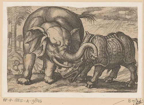 Een neushoorn vecht met een olifant by anonymous, print, 1610