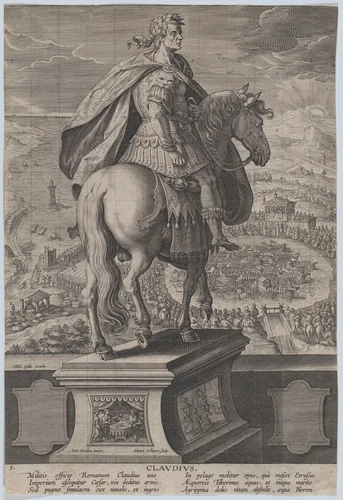 Plate 5: equestrian statue of Claudius, seen from behind, a naval competition at right in the background, from 'Roman Emperors on Horseback' by Adriaen Collaert, print, 1582-1594
