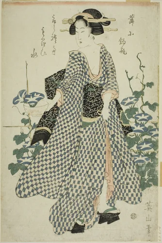 Beauty standing beside morning glories by Kikukawa Eizan, print, 1809-1822