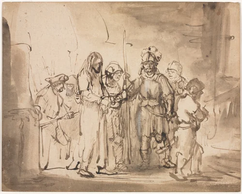 Christ Taken before Caiaphas by Rembrandt van Rijn, drawing, 1641-1642