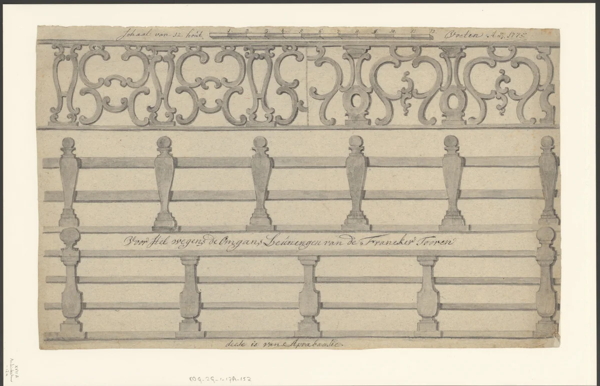 Voor stel wegens de Omgans Leuningen van de Franeker Tooren / deese is van Aprabaasie by Monogrammist PJP, drawing, 1775