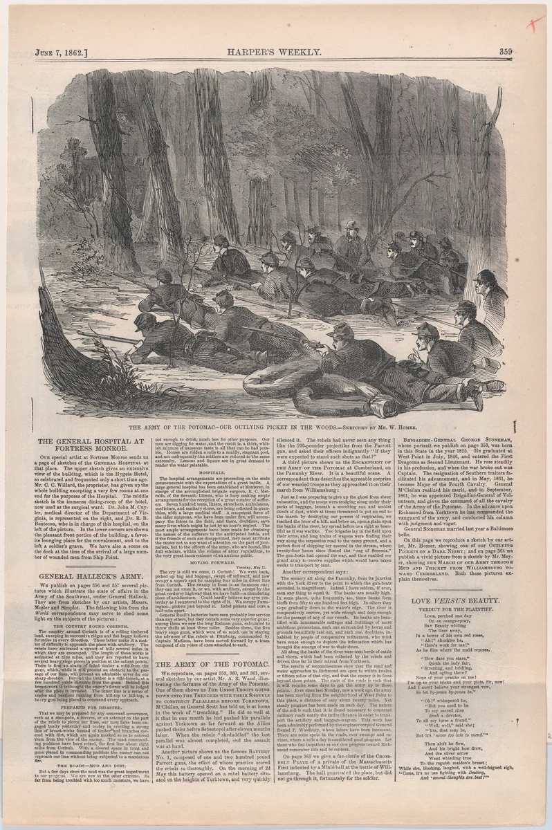 The Army of the Potomac – Our Outlying Picket in the Woods (from "Harper's Weekly," Vol. VI) by Winslow Homer, print, 1862