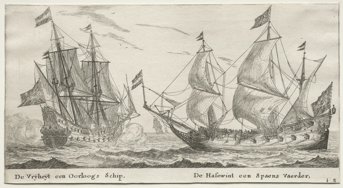 Various Ships and Views of Amsterdam (Verscheÿde Schepen en Gesichten van Amstelredam), Part II: The Freedom, a Man-of-War. The Wolf Hound, a Spanish Vessel by Clement de Jonghe, print, 1652-1654