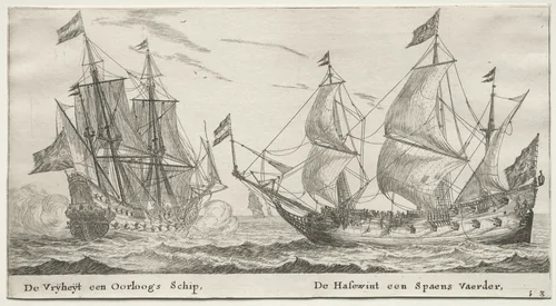 Various Ships and Views of Amsterdam (Verscheÿde Schepen en Gesichten van Amstelredam), Part II: The Freedom, a Man-of-War. The Wolf Hound, a Spanish Vessel by Clement de Jonghe, print, 1652-1654