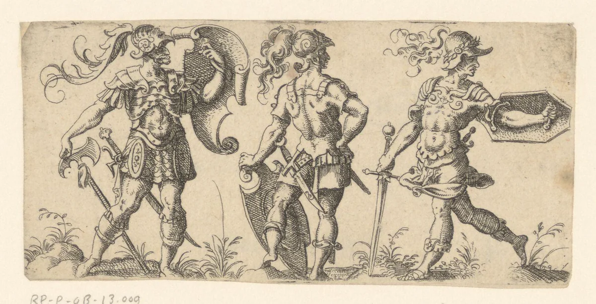 Drie krijgers kijkend naar rechts, een van hen met een bijl by Jost Amman, print, 1590
