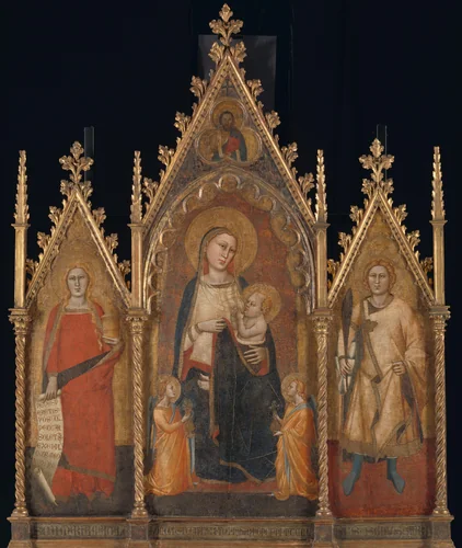 Drieluik met Maria en kind en de heiligen Maria Magdalena en Ansanus by Andrea di Cione, painting, 1350