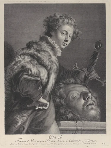 David, holding a sword and posing near the head of Goliath by Jacques II Chéreau, print, 1729-1740