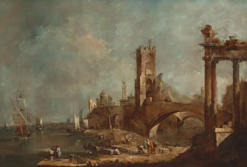 Capriccio of a Harbor by Francesco Guardi, painting, 1760-1770