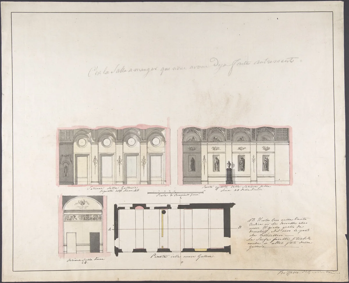 Plan "della nuova Galleria" by Giovanni Battista Silvestri, drawing, 1796-1873