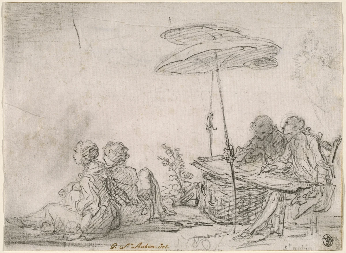 Draftsmen Outdoors by Gabriel de Saint-Aubin, drawing, 1760