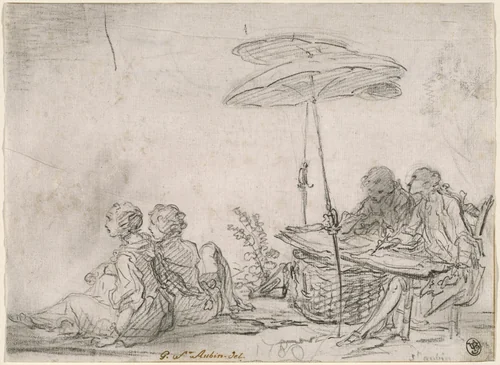 Draftsmen Outdoors by Gabriel de Saint-Aubin, drawing, 1760
