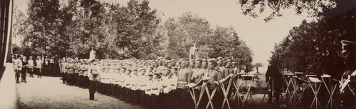 Count Fredericks Speaking to Young Boys in Uniforms, Krasnoe Selo by Unidentified Photographer, photograph, 1909