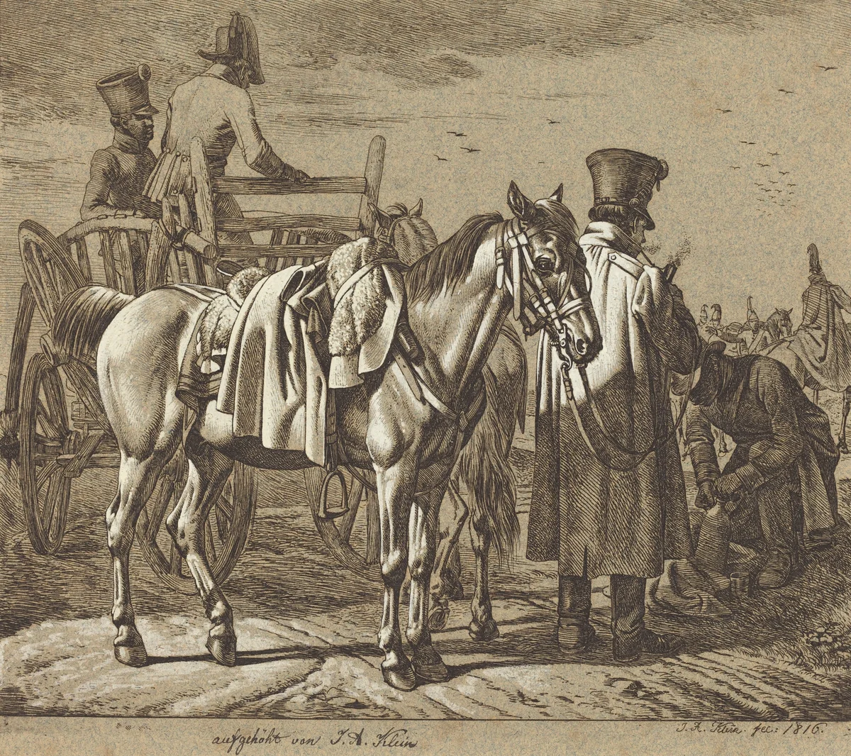 Horse with Soldiers Smoking Pipe/Military Scene by Johann Adam Klein, print, 1816