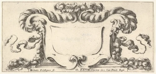 Plate 11: a cartouche with fruits, flowers, and leaves at top, a mask of a faun in profile to either side with a festoon of fruits and flowers in each of their mouths, from "Twelve cartouches" (Recueil de douze cartouches) by François Collignon, print, 1640-1645