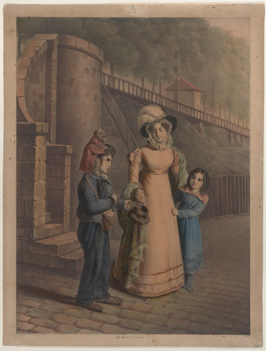 Boy with a monkey on his shoulder receiving coins from a mother and daughter by Charles-Louis Constans, print, 1803-1840
