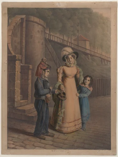 Boy with a monkey on his shoulder receiving coins from a mother and daughter by Charles-Louis Constans, print, 1803-1840