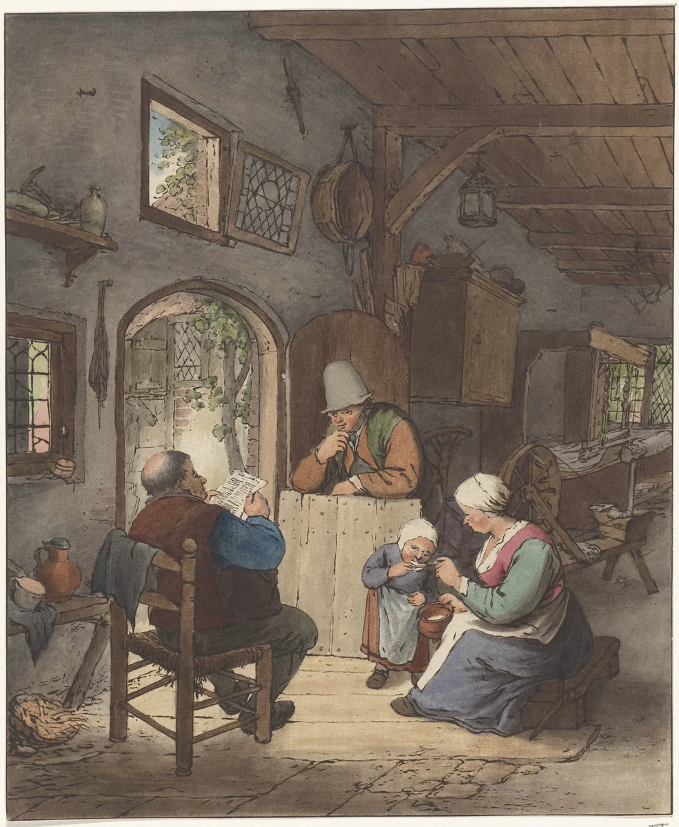 Krantlezer in interieur by Cornelis Ploos van Amstel, print, 1766