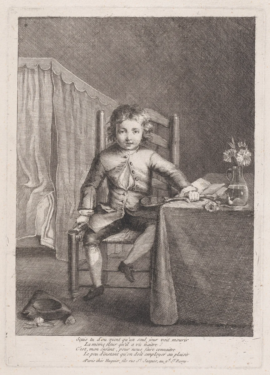 Boy Sitting on a Chair Holding a Shuttlecock by Jean-Siméon Chardin, print, 1771-1799