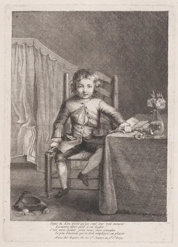 Boy Sitting on a Chair Holding a Shuttlecock by Jean-Siméon Chardin, print, 1771-1799