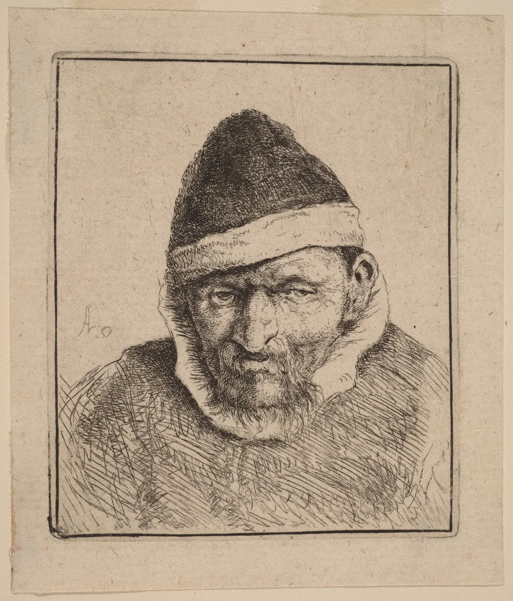Bust of a Peasant in a Pointed Fur Cap by Adriaen van Ostade, print, 1642-1652
