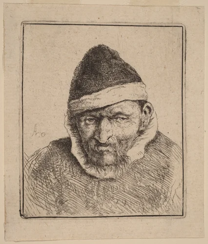 Bust of a Peasant in a Pointed Fur Cap by Adriaen van Ostade, print, 1642-1652