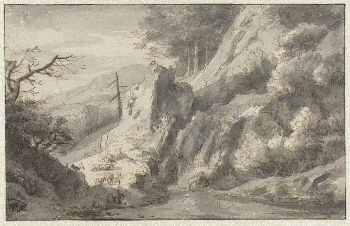 Mountain Landscape with a Dead Conifer by Jan van Aken, drawing, 1640-1660