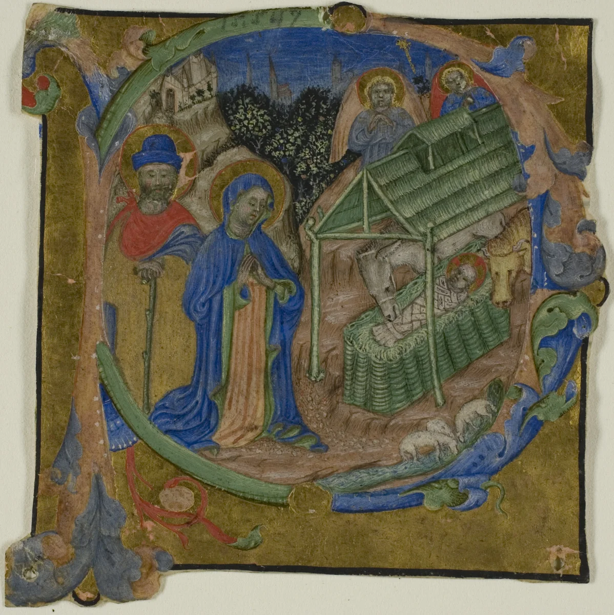 The Nativity in a Historiated Initial "P" from a Choir Book by Master of the Brussels Initials, painting, 1380-1400