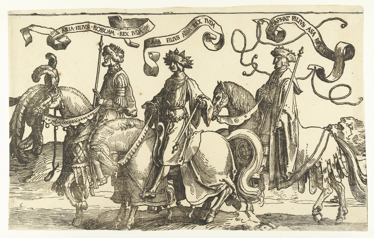Koningen Abia, Asa en Josafat by Lucas van Leyden, print, 1518-1522