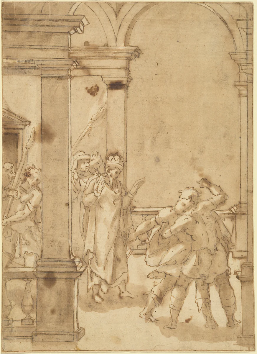 Two Figures Struggling before a King by Cesare Nebbia, drawing, 1567-1569
