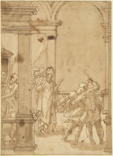 Two Figures Struggling before a King by Cesare Nebbia, drawing, 1567-1569