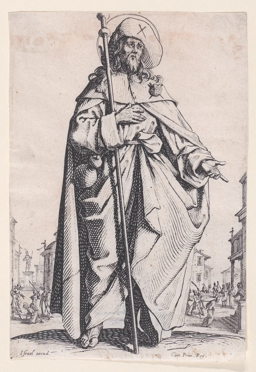 St. James Major, from "Les Grands Apôtres Debout, Représentant Le Sauveur, La Bienheureuse Marie et Les Saints Apôtres" (The Large Standing Apostles, Representing The Savior, The Blessed Mary and The Apostles) by Jacques Callot, print, 1631