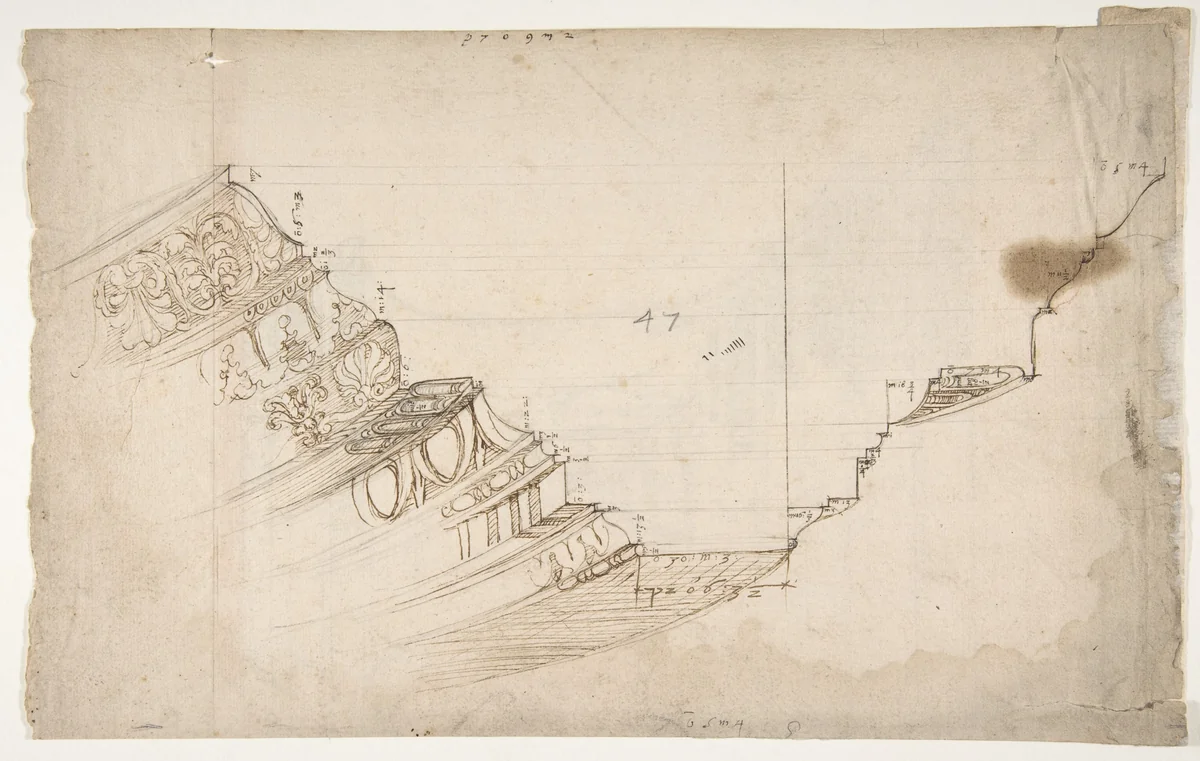 Domus Augustiana, cornice, profile projection (recto) Ara Grimani, base (verso) by anonymous, drawing, 1500-1560