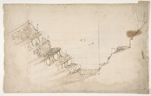 Domus Augustiana, cornice, profile projection (recto) Ara Grimani, base (verso) by anonymous, drawing, 1500-1560