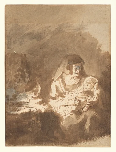 Old Woman with a Baby in her Arms by Rembrandt van Rijn, drawing, 1640-1646
