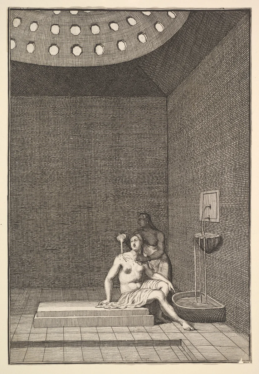 A Turkish Bath (Aubry de La Mottraye's "Travels throughout Europe, Asia and into Part of Africa...," London, 1724, vol. I, pl. 10) by William Hogarth, print, 1723-1724