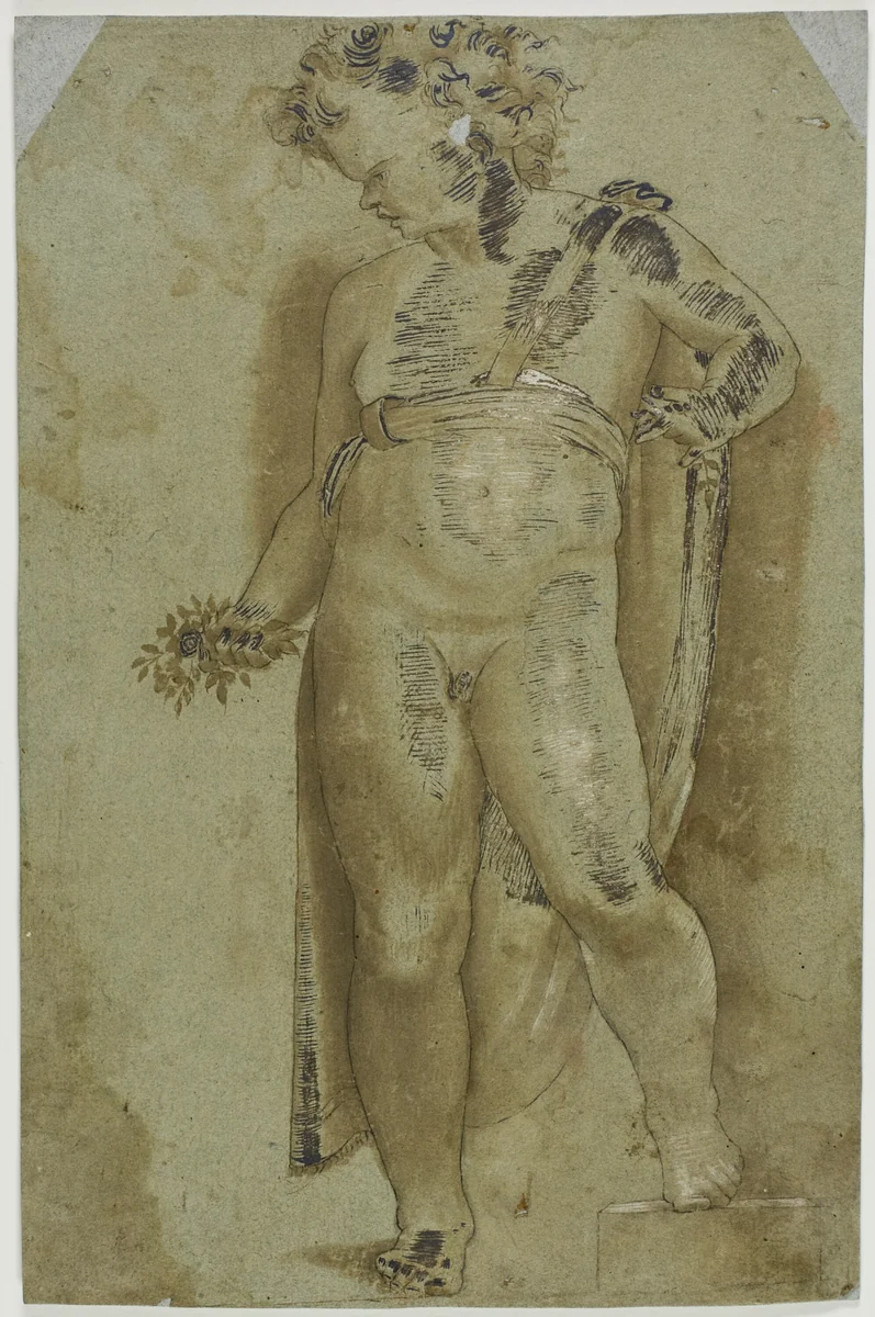 Putto Holding Flowers by Pellegrino Tibaldi, drawing, 1700-1799