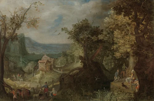 Hunter and Horsemen on a Wooded Road, with a Village in a Valley beyond by Anton Mirou, painting, 1608