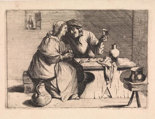 Vrouw en een man aan een tafel by anonymous, print, 1626-1690