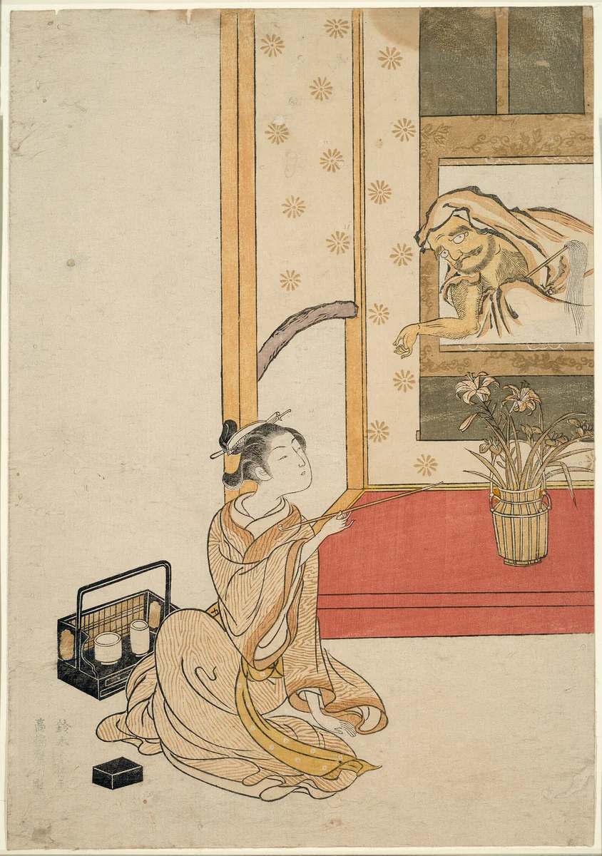 Giving Daruma a Smoke by Suzuki Harunobu (鈴木春信), print, 1765