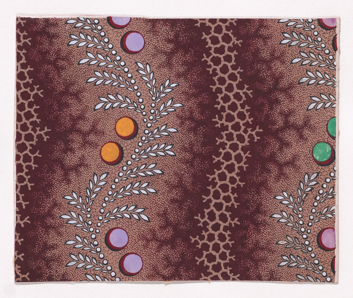 Textile Design with Alternating Vertical Strips of Undulating Honeycomb Pattern with Branch Offsets and Undulating Garlands of Pearls with Alternating Offsetting Wheat Ears and Pairs of Circles by anonymous, drawing, 1840