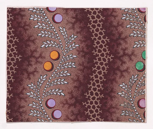 Textile Design with Alternating Vertical Strips of Undulating Honeycomb Pattern with Branch Offsets and Undulating Garlands of Pearls with Alternating Offsetting Wheat Ears and Pairs of Circles by anonymous, drawing, 1840